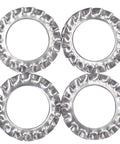Four M10 External Tooth Serrated Lock Washers made from 304 stainless steel, displayed in a grid. Heavy Duty Rust Resistant Indoor Outdoor Use High Hardness No Deformation Keeps Fasteners Tight And Secure.