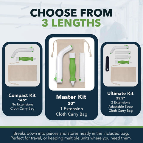 Image showing 20 Inch Toilet Wiping Aid for Men and Women in three kits: compact, master, ultimate with cloth carry bags.