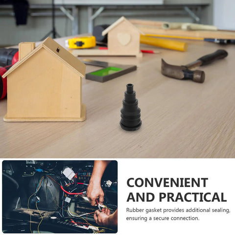 Automotive Wire Grommet Kit For Vehicle Wiring Management And Sealing Easy Pass Through Grommets For Cable Bundles Black Rubber, shown beside wood model and car wiring.