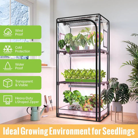 Indoor Greenhouse With Grow Light For Seed Starting, 4-Tier Plant Stand In A Zippered PVC Tent With Vent Window And Bottom Pouch, 20W Full Spectrum Light With Timer, Sturdy Metal Frame, 27L X 19W X 59H