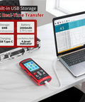 Portable Digital Vibration Meter With TFT Screen And 397000 Data Storage For Accurate Measurement Of Acceleration Velocity Displacement Frequency And Temperature 5 In 1 Diagnostic Tool For Machinery, red handheld unit connected to laptop