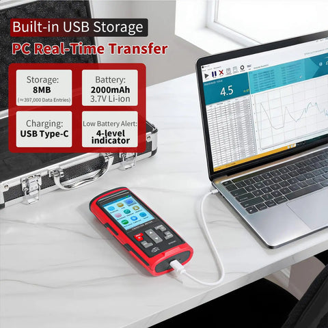 Portable Digital Vibration Meter With TFT Screen And 397000 Data Storage For Accurate Measurement Of Acceleration Velocity Displacement Frequency And Temperature 5 In 1 Diagnostic Tool For Machinery, red handheld unit connected to laptop