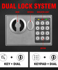 Close-up of dual lock system on Mini Personal Safe Box 0.4 Cu Ft Beefy Steel Digital Safe With Electronic Lock And Key Combination Hidden Wall Cabinet.