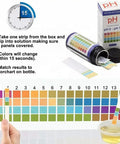 All Purpose pH Test Strips 0 to 14, 100 Count Litmus Paper showing packaging, test strip in solution, and color chart guide.