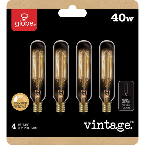 Packaging of Vintage Edison Mini Tube 40W Clear Glass Dimmable Incandescent Bulbs E12 Base 4 Pack 210 Lumens