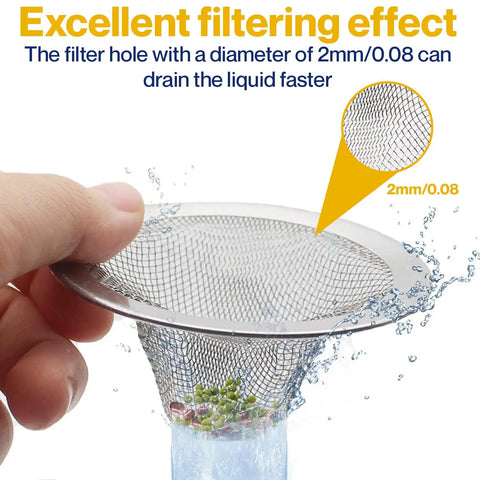 Two Pack Kitchen And Bathroom Sink Drain Strainers Must Have Stainless Steel Hair Catcher filtering effect with 2mm mesh