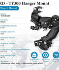 Rear Derailleur RD TY300 SGS 6 To 7 Speed Hanger Mount for Hybrid Commuter Bikes, black aluminum alloy body, direct mount view