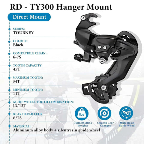 Rear Derailleur RD TY300 SGS 6 To 7 Speed Hanger Mount for Hybrid Commuter Bikes, black aluminum alloy body, direct mount view
