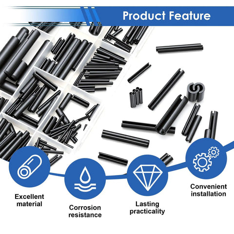 370 Piece Roll Pin Kit With SAE Slotted Spring Pins In 10 Common Sizes From 1/16 To 3/8 Inch For Home Improvement And Auto Repair, Durable Quick-Fix Fasteners, Great For Mechanical Projects And General Maintenance; black manganese steel pins in organizer