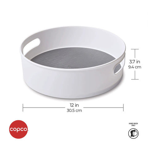 12 Inch Non Skid Lazy Susan Turntable Organizer With Easy Glide Spin And Sturdy Handles For Kitchen Pantry Cabinet Bathroom Laundry Garage, white tray with handles.