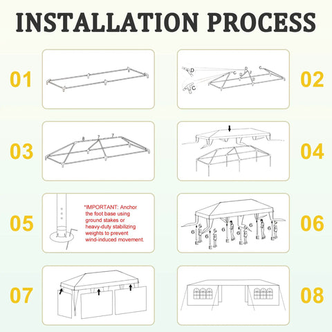 Installation process for 10x30 White Canopy Tent With 5 Removable Sidewalls And Windows Waterproof UV Blocking Outdoor Party Gazebo