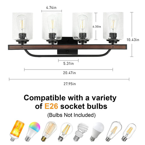 Farmhouse 4 Light Vanity Fixtures With Seeded Glass Shades dimensions and bulb compatibility, Industrial Wall Sconces