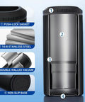 3 In 1 Slim Can Cooler For 12 Oz Skinny Cans Regular Cans And Beer Bottles Keeps Drinks Cold Up To 6 Hours With Double Walled Stainless Steel Vacuum Insulation No Sweat Matte Black Finish with labeled features.