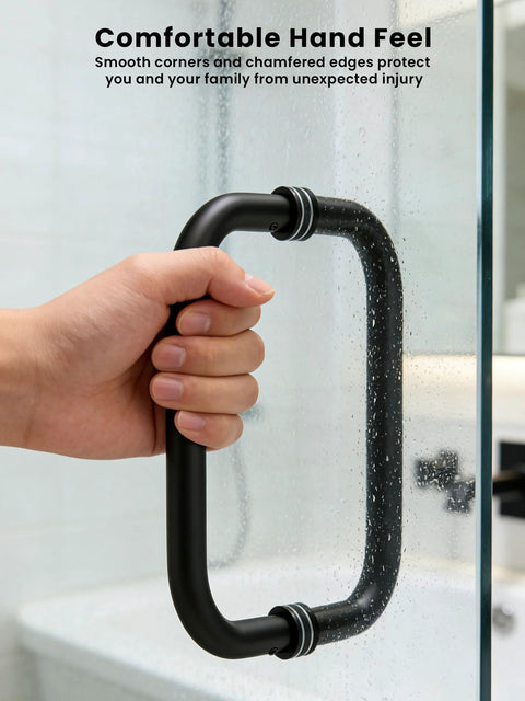 Hand gripping 8 Inch Center-To-Center Shower Door Handle 304 Stainless Steel Back-To-Back Glass Pull for Frameless Sliding Bathrooms in matte black.