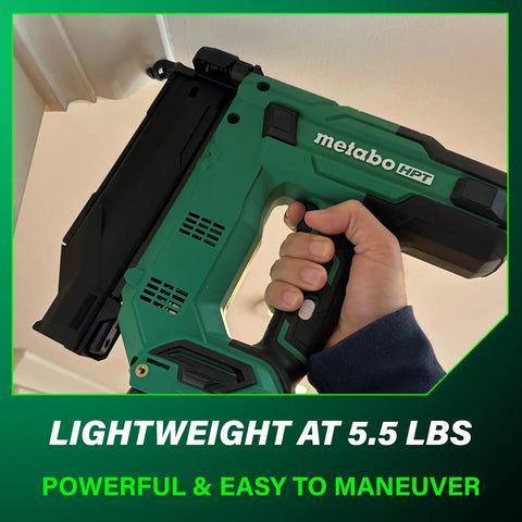 Hand using 18V MultiVolt Compact Cordless Brad Nailer Kit With Two Ah Battery Drives Five Eighths To Two Inch Nails Lightweight