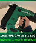 Compact 18V Cordless Brad Nailer 18 Gauge Tool Only Single Sequential Trigger Lightweight Frame fires 2 inch nails held in hand.