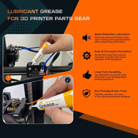 Grease tube for 3D printers applying lubricant to extruder gear; orange-labeled tube shown in two views