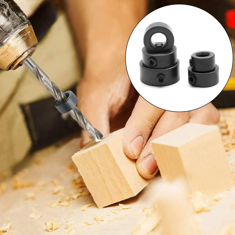 8 Piece Drill Bit Depth Stop Collar Set With Allen Key Wrench For Precise Drilling in use on wooden block.