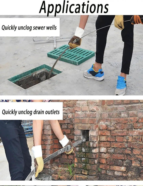 Person using Heavy Duty Manganese Steel Drain Auger No Sweat Snake Tool to unclog sewer well and drain outlet.