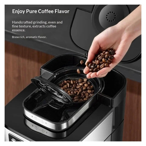 Hustle Ready Daily Grind 2In1 Automatic Coffee Grinder And Brewer Whole Bean Drip Machine with coffee beans being added.