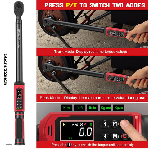 One Half Inch Drive Digital Torque Wrench With Range 5.1 To 340 Nm And 3.8 To 250.8 Ft Lb, One Percent Accuracy, shown in use with LED display.