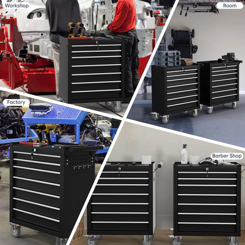 7 Drawer Rolling Tool Chest With Locking System On Wheels, Beefy High Capacity Steel Tool Cabinet For Garage, Workshop, And Warehouse, Durable Black Metal Storage Cart in workshop