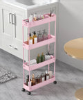 Pink Four Tier Slim Storage Cart With Rolling Wheels For Narrow Gaps And Tight Spaces 38.7 Inch Tall Mobile Shelving Unit in a bathroom