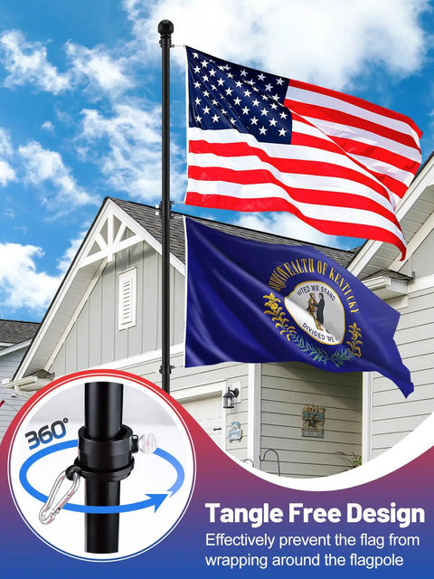 10 Ft In Ground Flag Poles Kit For Double Flag Display With Sturdy 5 Prong Base showing two flags outside a house