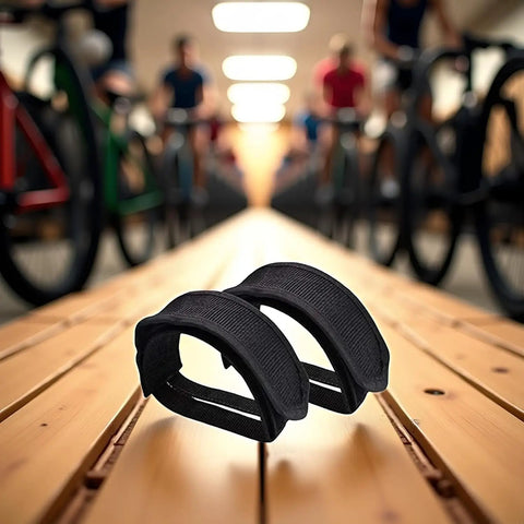 2 Pack Black Strap Pedal Straps For Kids And Adults Bike Foot Pedal Straps on wooden surface with blurred bikes