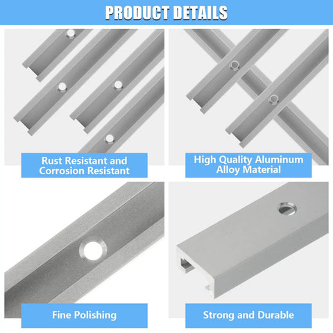 Close-up of eight 12 inch aluminum T tracks, highlighting predrilled holes and smooth finish. Ideal for woodworking jigs and fixes.