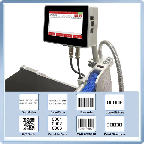KGKGK 130PRO Industrial Online Inkjet Printer 12 Point Seven Mm With Plastic Shell For QR Code Barcode Batch Number Logo And Date Label Printing Machine with display and codes.