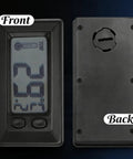 Riloer mini car digital thermometer front view; black plastic housing with LCD showing temperature and two control buttons.