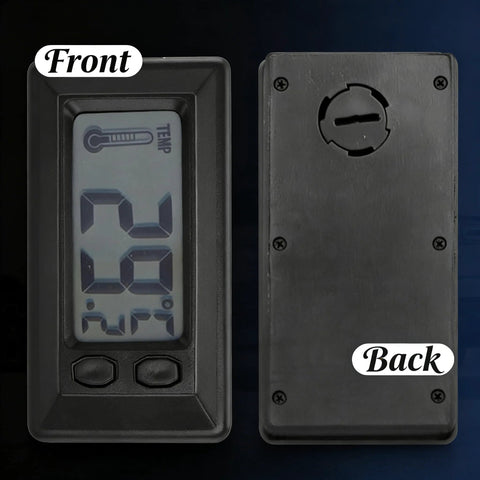 Riloer mini car digital thermometer front view; black plastic housing with LCD showing temperature and two control buttons.