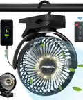 Portable USB Clip On Fan With 12000mAh Battery And 65 Hours Runtime, featuring LED lights and clamp, shown with remote and charging phone.
