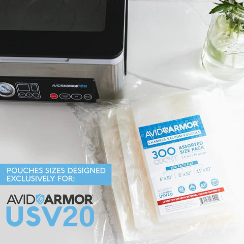 Chamber Vacuum Sealer Pouches Set Pro Grade 3.5 Mil Heavy Duty BPA Free Bags shown beside a vacuum sealer machine on a counter