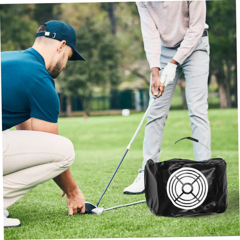 Golfers practicing with Impact Hitting Bag Golf Swing Trainer Mesh Practice Tool for Enhanced Accuracy and Versatile Swing Drills Compact Design