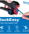 Demonstration of JackEasy termination tool with CAT6 Keystone Jack and cable insertion, showing steps for efficient installation.