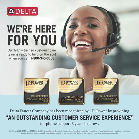 Customer service representative with headset smiling next to Delta J.D. Power Award recognition badges