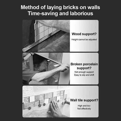 Image depicting method of laying bricks on walls with examples of wood, broken porcelain, and wall tile supports.