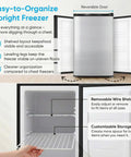 Compact 3.0 Cubic Foot Upright Freezer With Seven Adjustable Temperature Controls And A Sleek Silver Design, featuring removable wire shelves and a reversible door.