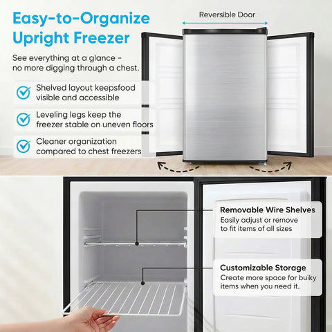Compact 3.0 Cubic Foot Upright Freezer With Seven Adjustable Temperature Controls And A Sleek Silver Design, featuring removable wire shelves and a reversible door.