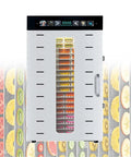Stainless Steel Electric Food Dehydrator With Twin Airflow Fans And Precision 86 To 194 Degree Controls displaying colorful dried fruits.