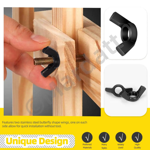 Tough As Nails Carbon Steel Metric Wing Nuts Assortment Kit, M5 black wing nut being installed on wooden planks for quick fastening.