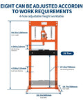 Workhorse 20 Ton Hydraulic Shop Press With H Frame Design Adjustable Working Table Height Two Plates Garage Floor Ready Model Orange Finish Built For Auto Repair Metal Fabrication And Home Workshops dimensions display