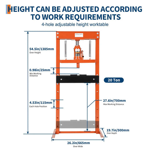 Workhorse 20 Ton Hydraulic Shop Press With H Frame Design Adjustable Working Table Height Two Plates Garage Floor Ready Model Orange Finish Built For Auto Repair Metal Fabrication And Home Workshops dimensions display