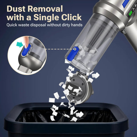 2 In 1 Mini Vacuum Cleaner With Air Duster And Suction Function 27000Pa Brushless Car Vacuum shown emptying dust with one click