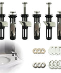 Six Pack Heavy Duty Toilet Seat Replacement Bolt Kit Featuring Rock Solid 304 Stainless Steel Fasteners For Universal Bathroom Fixtures with various fasteners and washers.