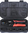 Ratchet Crimping Tool Set with four interchangeable dies in a case for heat shrink terminals, works on 10 to 22 AWG copper wire.