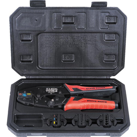 Ratchet Crimping Tool Set with four interchangeable dies in a case for heat shrink terminals, works on 10 to 22 AWG copper wire.
