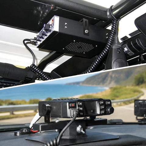 Adjustable Universal Mounting Bracket For CB And Ham Radios And Scanners, installed in vehicle dashboard, black steel, 6-10 inch fit